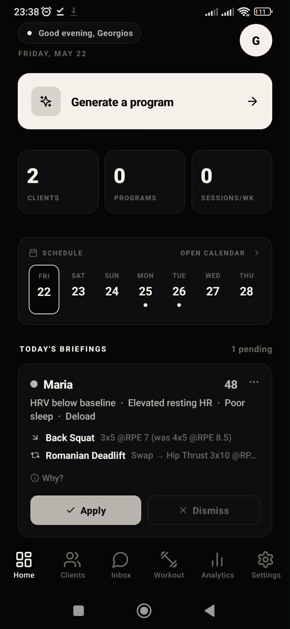 Personal trainer dashboard with AI program generator and daily client briefings in the SthenosFit app