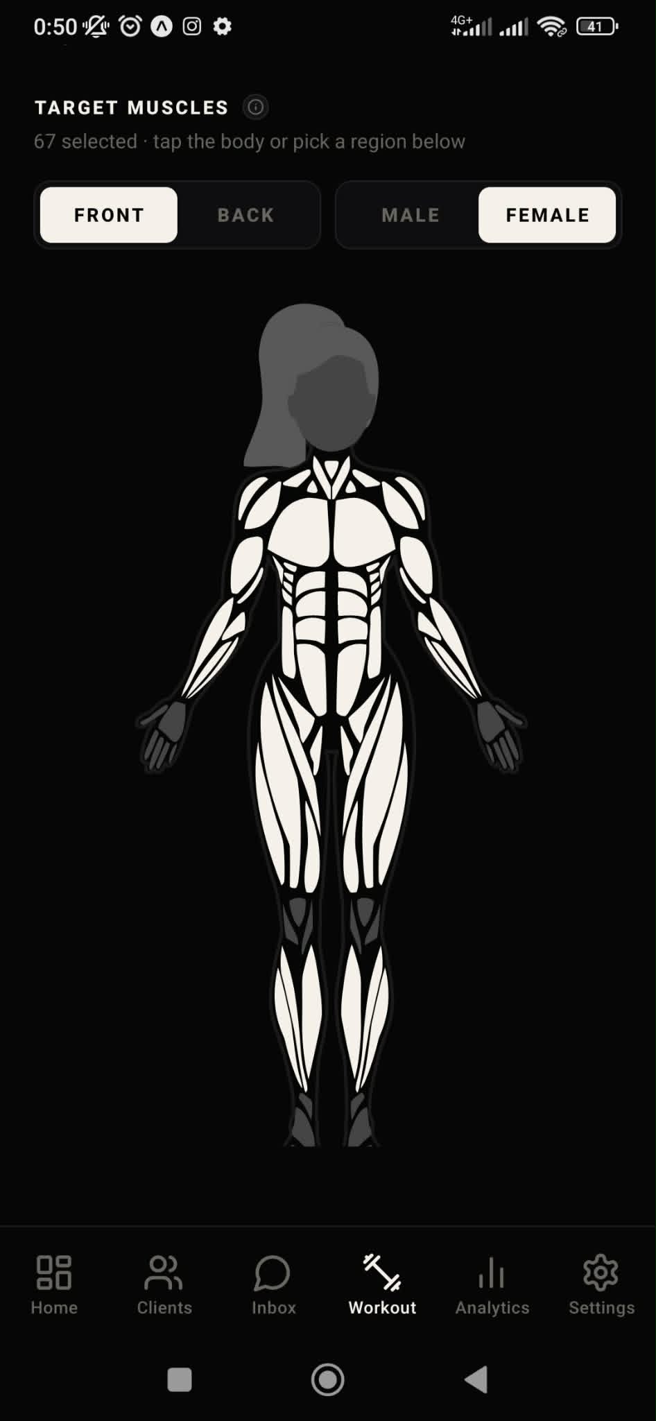 Target muscle selection on an anatomy figure in the SthenosFit AI workout generator for personal trainers