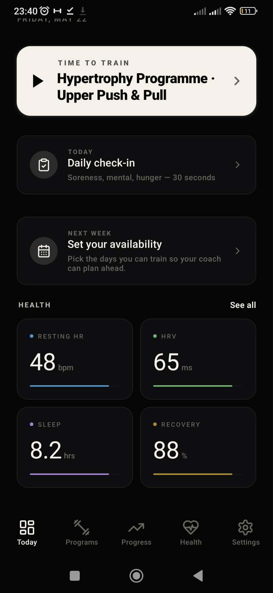 Biometric health dashboard in the SthenosFit app
